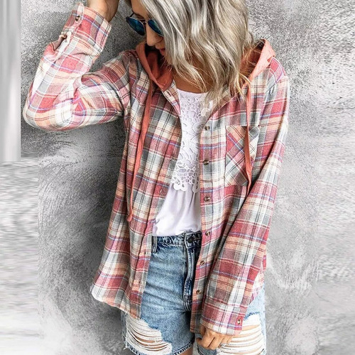 Camisas Manga Larga Para Mujer A Cuadros Con Capucha Cordón