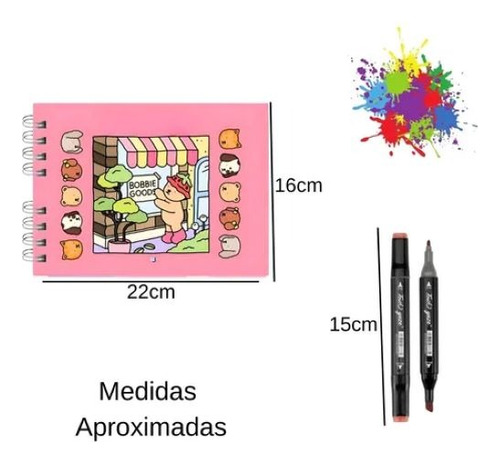 Livro De Colorir Bobbie Goods Capa Dura 50 Folhas Com Acetato + Kit Com 24 Canetinhas Touch Ponta Dupla Coloridas + Brinde Chaveiro- Ideal Relaxamento Estimula Criatividade Infantil Presente Crianças