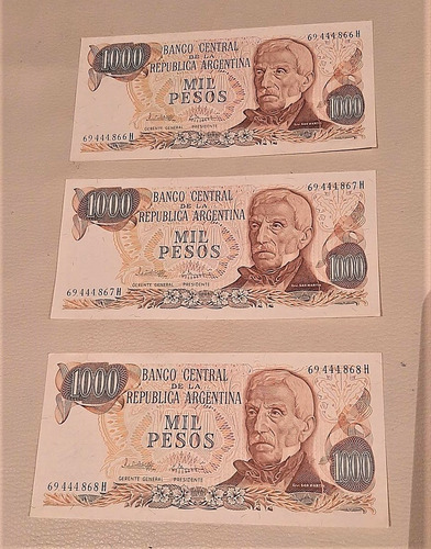 3 Antiguos Billetes 1000 Pesos Argentinos Serie Correlativa