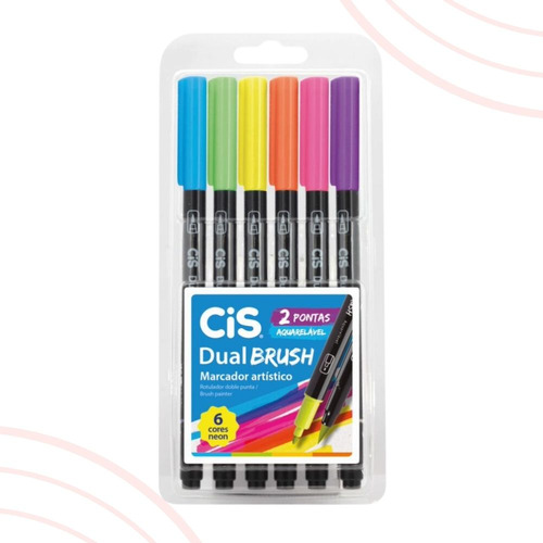 Marcador Artístico Cis Dual Brush Aquarelável C/6 Cores Neon