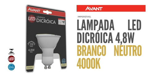 Imagem 1 de 5 de Lampada Led Dicróica Gu10 4,8w Avant Branco Neutro 4000k