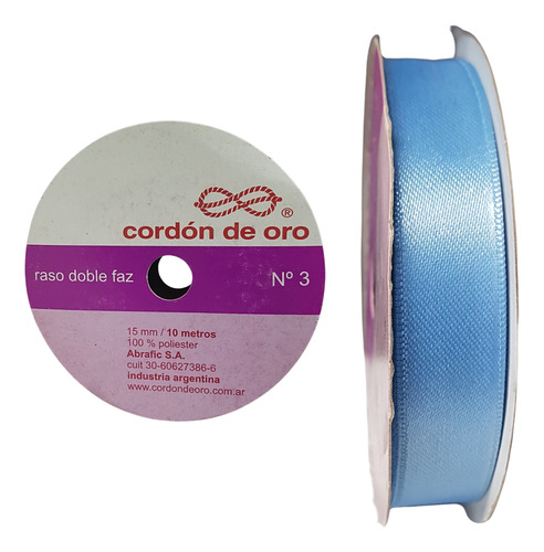 Cinta De Raso Doble Faz N°3 (15mm) X Rollo De 10mts Celeste Pastel Cordón De Oro