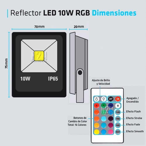 Imagen 5 de 10 de Reflector Led 10w Rgb 16 Colores Control Remoto Exterior 900l