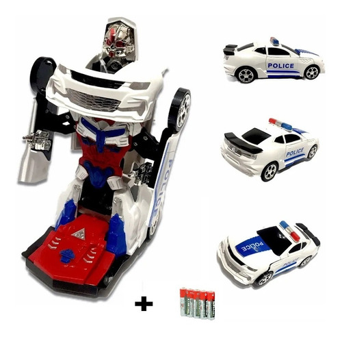 Carro Policia Transformers Robô Branco Musica Luz Bate Volta