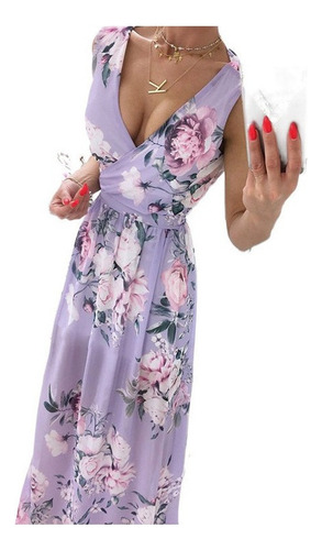 Maxivestido Con Estampado Floral Y Cuello En V Con Cinturón