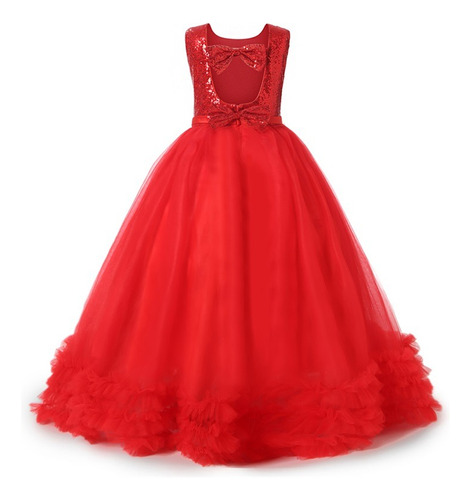 Vestido Niña Fiesta Largo Rojo Brillos Reina Princesa Gala