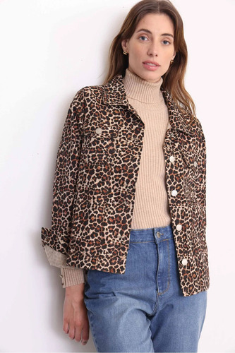 Campera Mujer Animal Print Gabardina Vera Yagmour Beige 42 Animal Print
