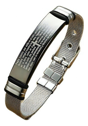 Pulseira Masculina Malha De Aço Oração Pai Nosso Em Espanhol