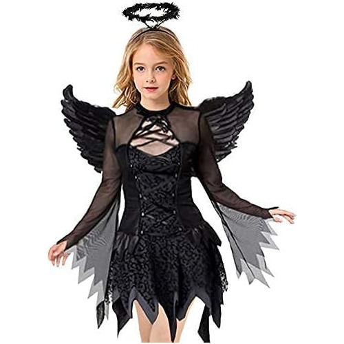 Vestido De Ángel Caído Niñas Halloween Alas Negras