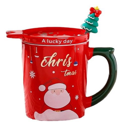 Set Taza Navidad C/tapa Cerámica Y Cucharita Diseño Arbolito