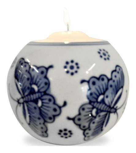 Porta-velas Em Porcelana Com Pintura De Borboletas Azuis