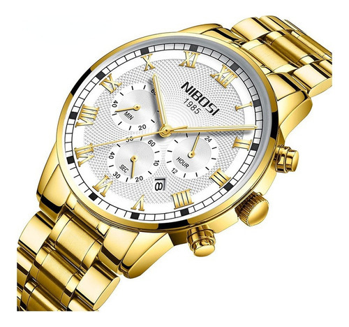 Reloj Nibosi Business Chronograph para hombre, luminoso, color de fondo dorado/blanco