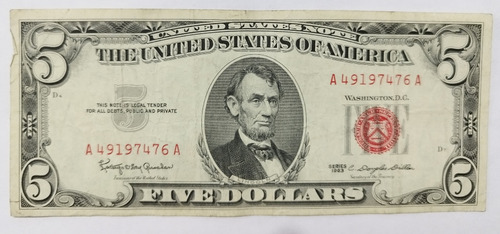 Billete 5 Dollares Usa Sello Rojo Lincoln 1963 Sk03