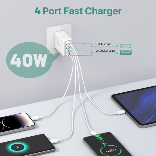 Cargador De Pared Usb C 40 W 4 Puertos Usb C Bloque De Carga