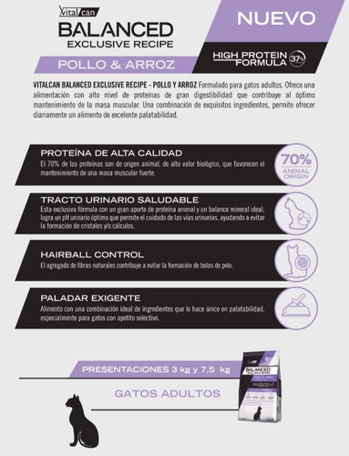 Imagen 4 de 4 de Alimento Vitalcan Balanced Exclusive Recipe High Protein para gato adulto sabor pollo y arroz en bolsa de 7.5 kg