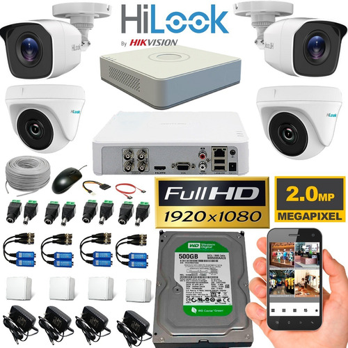 Imagen 1 de 10 de Kit Hikvision Hilook Dvr 1080 4ch + 4 Cámaras 1080p +accesor
