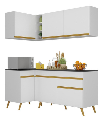 Armário Cozinha Compacta De Canto Veneza Multimóveis V2057 Cor Branco/Dourado