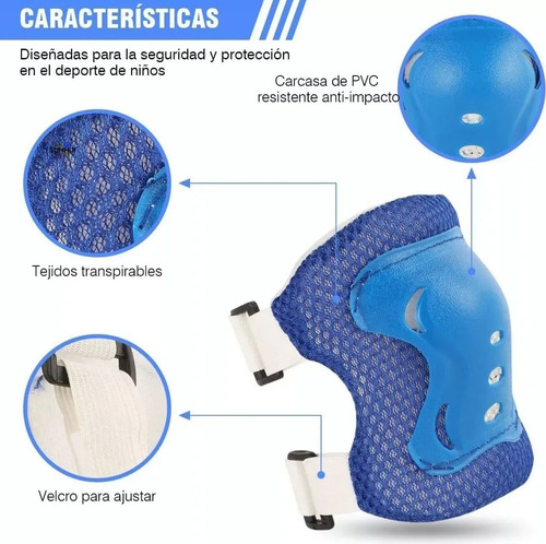 7pzas Kit De Proteccion Rodilla Codo Mano Patinaje Para Niño Color Azul Talla S