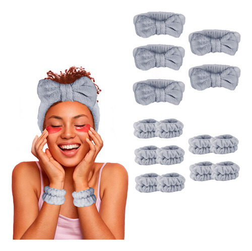 Diler Kit 5 Piezas Diadema Y Muñequeras Para Skincare Maquillaje Mascarilla Spa De Microfibra Con Moño Color Gris