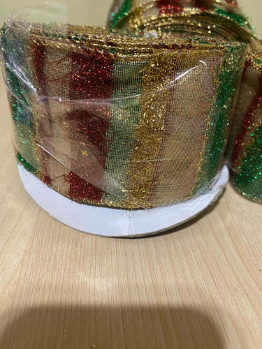 Rollo Cinta De Navidad De Rayas Roja, Verde Y Dorada. Nueva.