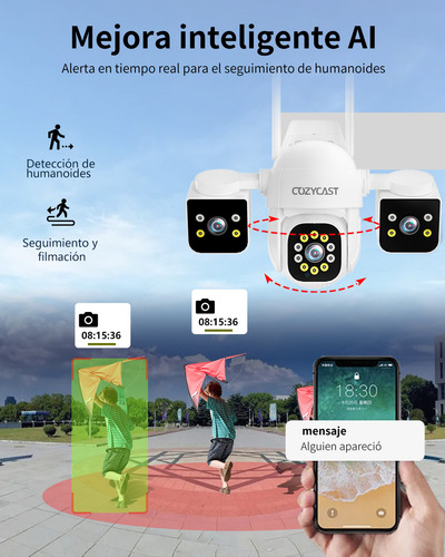 Cámara Seguridad Exterior 3 Lentes 360° Full Hd - Wifi 5mp, Visión Nocturna 10m Con 12 Ir + 14 Luces, Alerta Movimiento, Resistente Agua, Soporte Microsd 128gb Y Nube