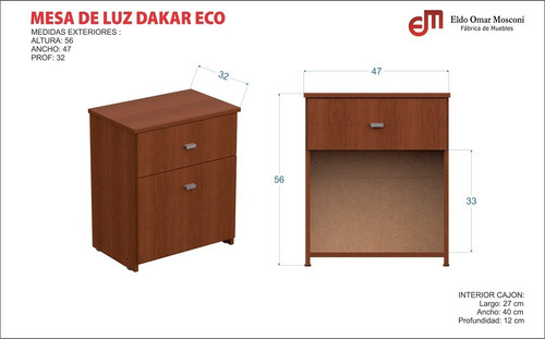 Mesa De Luz 1 Cajón + 1 Puerta Dakar 47 X 31 X 55 Mosconi Acabado Melamina Color Venezia