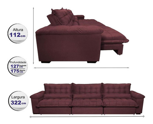 Sofá Retrátil e Reclinável 3,22m com Molas Ensacadas Cama inBox Aconchego Tecido Suede Vinho