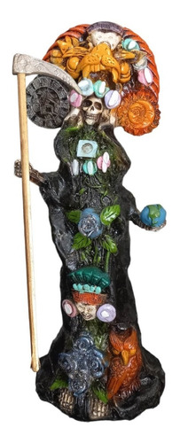 Santa Muerte Azteca Negra Maya Luna Y Sol, Curada 42 Cm 