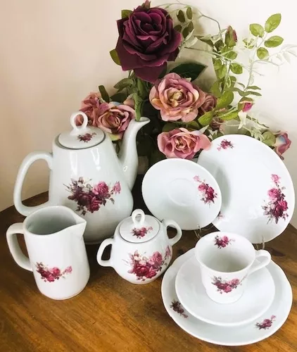 Jogo Chá Porcelana - Serve 6 Pessoas - 21 Peças - Rosas