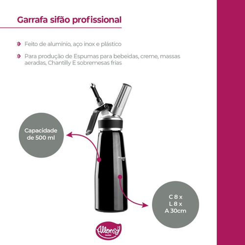 Garrafa Sifão Profissional Aço Inox - 500ml - 8x8x30cm - 1un