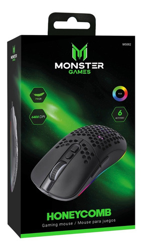 Mouse Gamer Monster Honeycomb Rgb 6 Botones 6400 Dpi Negro