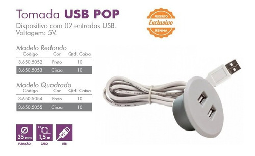 Tomada C/ 2 Usb Renna Embutir Mesa/sofá Pop Cinza Red- 2,1 A