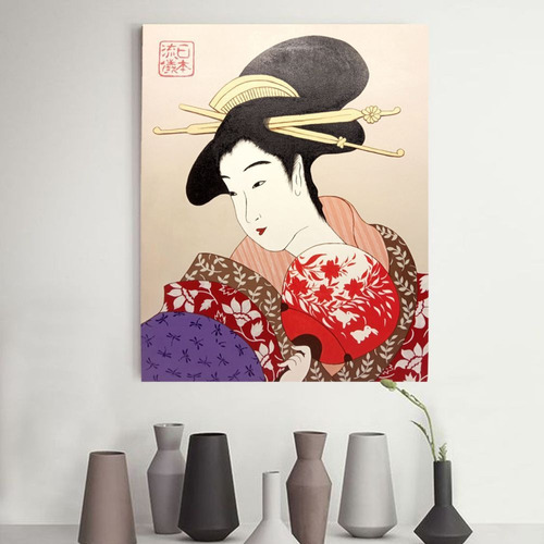 Quadro Pintado À Mão Estilo Japonês Gueixa C/leque Oriental