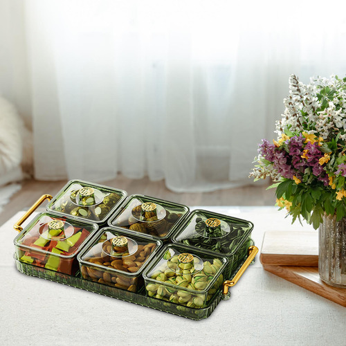 Bandeja De Frutas Secas Con Tapa, Cuenco 6 Cuadrícula Verde