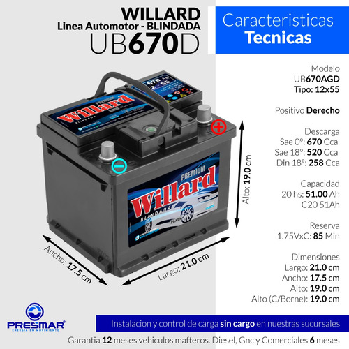 Imagen 2 de 10 de Bateria Auto Willard 12x55 Ub670 12 Volt 55 Amper