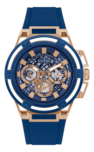 Reloj De Pulsera Guess Steel Gw0423g4 De Cuerpo Color , Analógico, Para Hombre, Fondo Oro Rosa, Con Correa De Silicona Color Azul, Bisel Color Oro Rosa Y Hebilla Simple