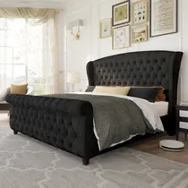 Comprar Base Cama Estilo Trineo Tapizada En Terciopelo Negra Dulane