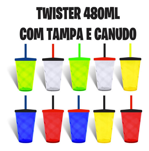 50 Copos Twisters 480ml S/ Personalização Com Tampa E Canudo