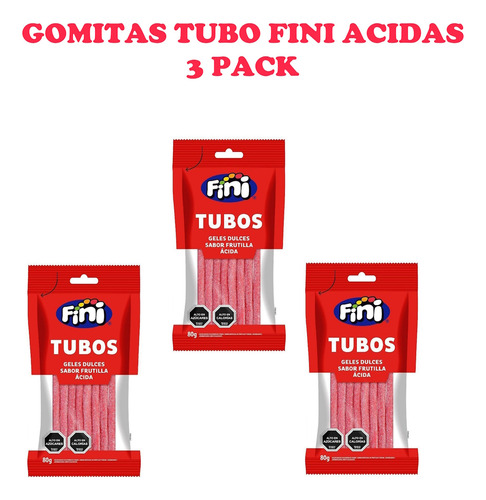 Gomitas Fini Tubos Sabor Frutilla Acida 3 Paquetes