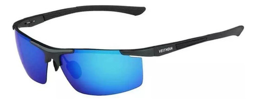 Anteojos de sol polarizados Veithdia V6588 con marco de aluminio color gris, lente azul de policarbonato, varilla gris de aluminio