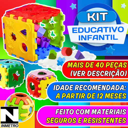 Kit brinquedos educativos para bebê 1 ano Cubo de montar e encaixar sensorial pedagógico didático + formas geométricas coloridas aprendizagem lúdica 12 meses jogos recreativos para creche escola