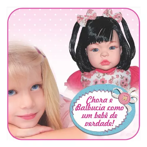 Boneca Bebê Reborn Baby Kiss Morena Cabelo Longo Castanho SID-NYL