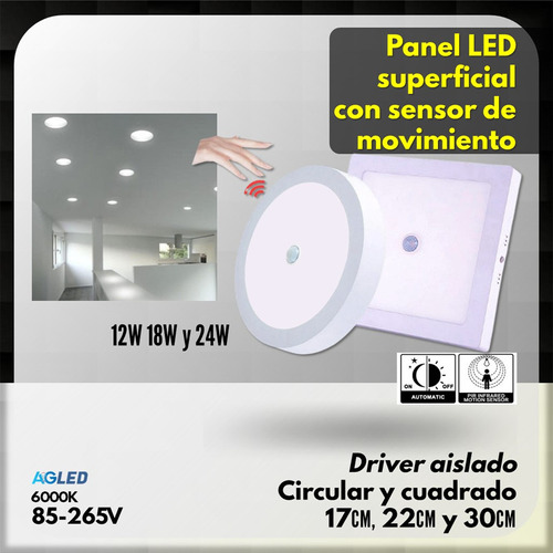 Panel Led Superf Cuad Sensor Mov 12w 6500k 18cm