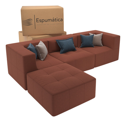 Puff Sofá Modular 2 Braços Terracota 3 Lugares E Chaise Bilateral Design Contemporâneo Na Caixa Ideal Para Salas Modernas