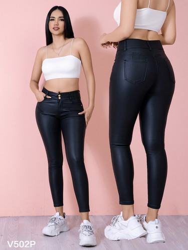 Pantalón Efecto Piel Negro Tiro Alto Push Up V502p