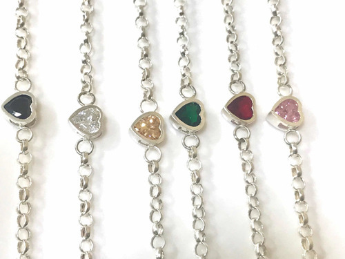 Pulseras De Plata Dije Corazón Con Piedras Cubic 