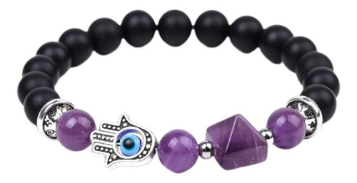 Pulsera Fatima Cuarzo Amatista Piramide Mal De Ojo Chakras Largo 18 Cm