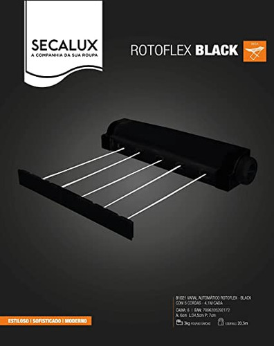 Varal Automático Rotoflex Resistente 5 Cordas Retrátil Cor Preto