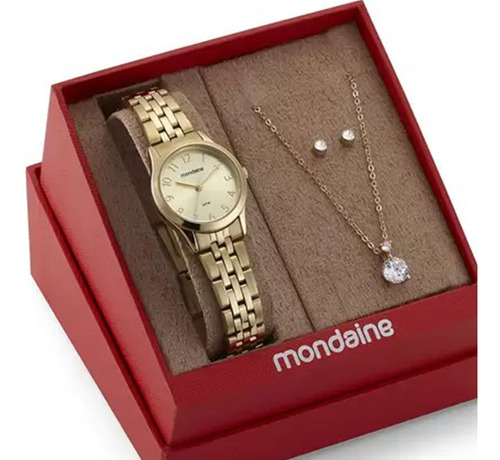 Kit Relógio Mondaine Dourado Com Semijoia 32609lpmkde1k1