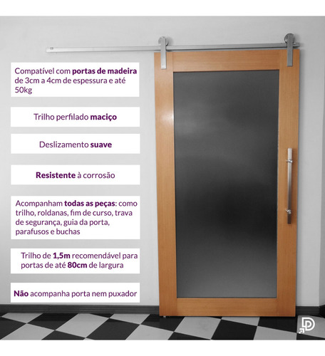 Kit Porta De Correr Alumínio Escovado Trilho 1,5m
